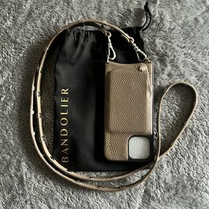 BANDOLIER- leather I phone crossbody case/purse in taupe color (tan/grey).